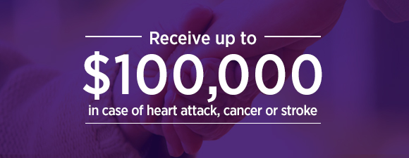 Receive up to $100,000 in case of heart attack, cancer or stroke