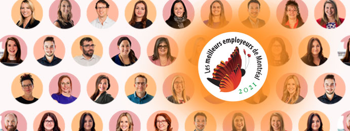 Employés d'Humania avec logo meilleurs employeurs de Montréal 2021